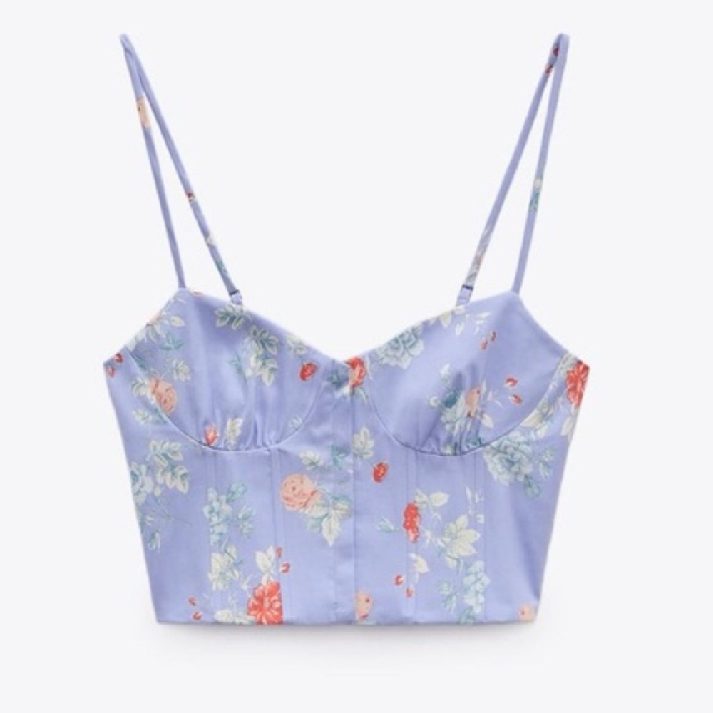 ZARA Periwinkle Floral Corset Bustier Crop Top Coquette | M